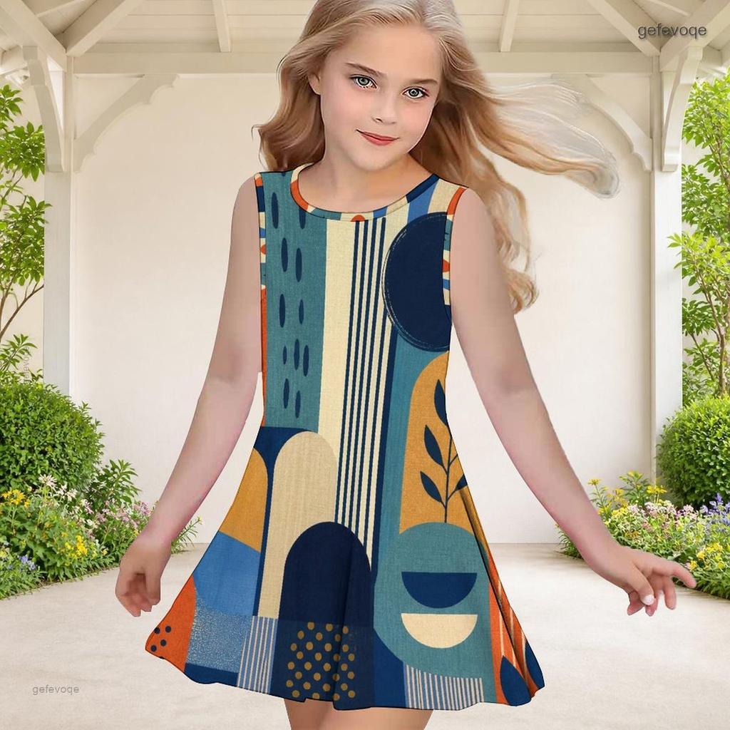 Girls Round Neck Sleeveless Geometric Printed A Line Flared Dress Blue Orange Beige