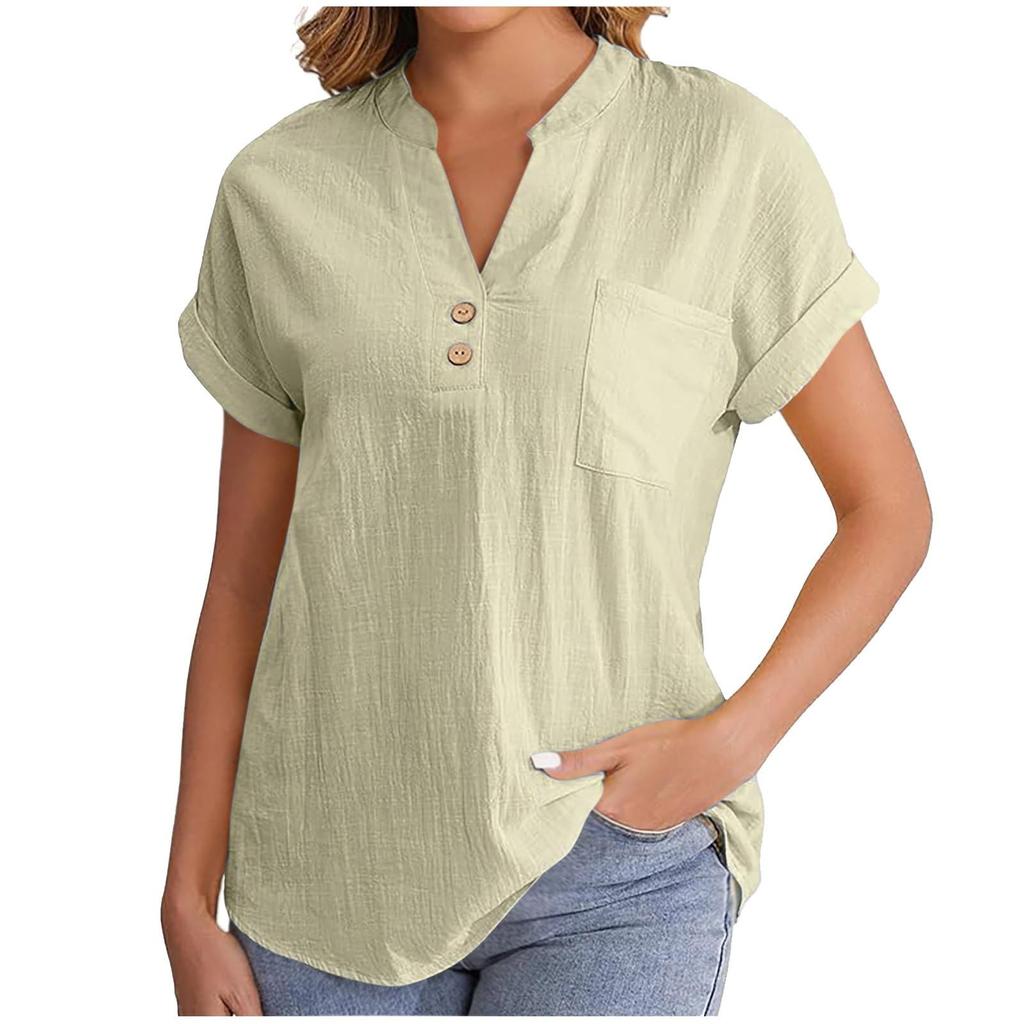 Women's Fashion Solid Color V Neck Button Pocket Short Sleeved Shirt Cotton Casual  T-shirt Top