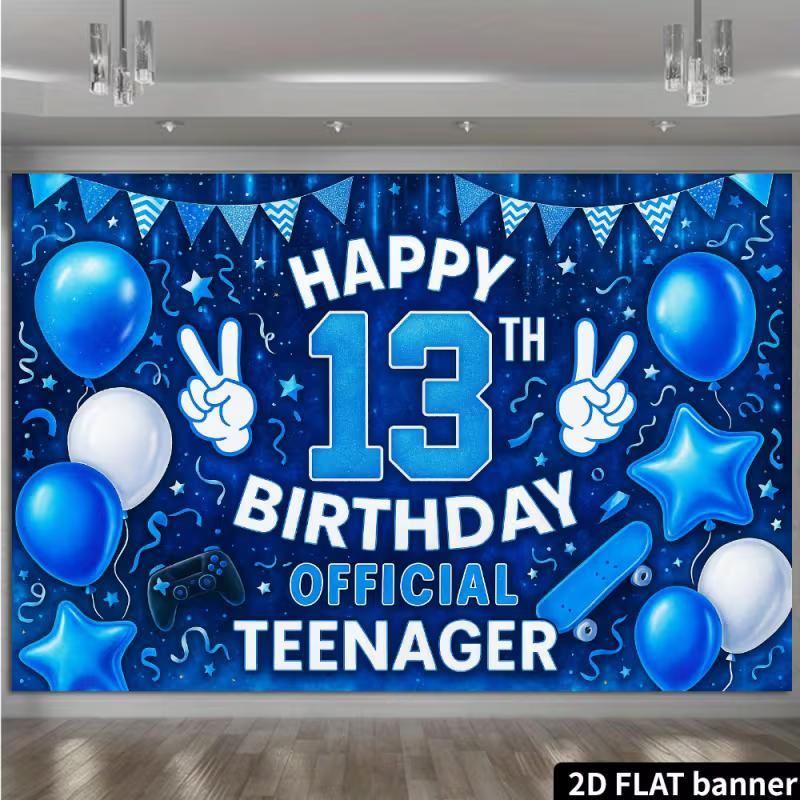 2D Kulisse zum 13. Geburtstag für Jungen - Skateboard & Ballon Banner für offizielles Teenager Fotoshooting