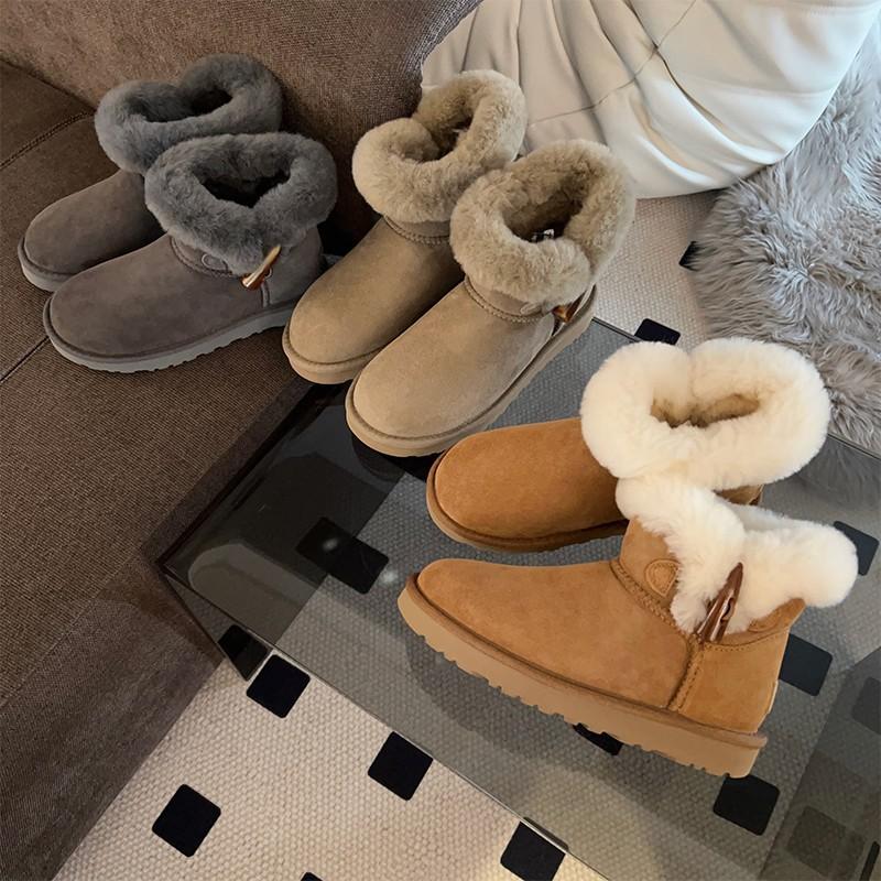 Women's Cow Horn Buckle Fashion Lightweight Soft Sole Winter Warm Fur One Snow Boots Padded Lining Non-slip Casual Sports Cotton Boots
