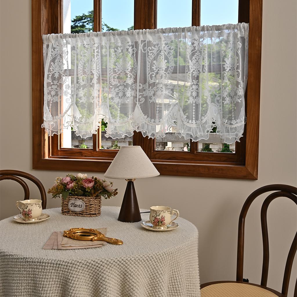 1PC White Short Lace Curtain,Cute Floral Pattern Kitchen Valance,Window Valances Pastoral Tulle Voile Home Decor Kitchen Door