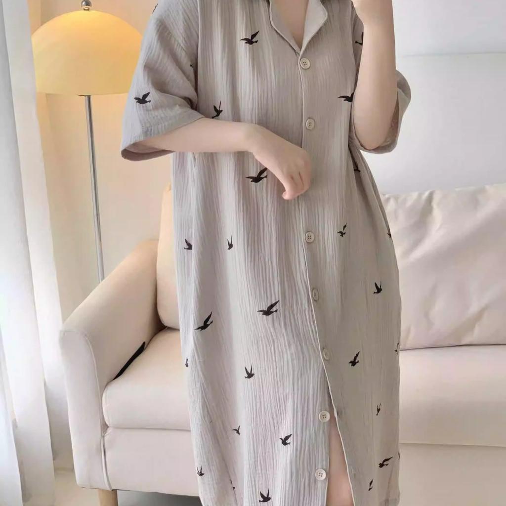 Summer Women's Simple High-Class Sense of Printing Nightgown Girl Models Loose Pajamas Ins Style Pajamas Homewear Dresses
