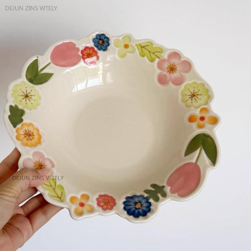 1Pc Healthy Underglaze Painted Ceramic Plates Exquisite Floral Pattern Porcelain Tableware Fruit Salad Bowls Kitchen Accessories