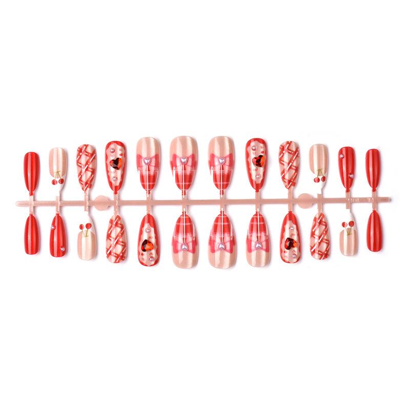 24 pieces of almond cat's eye wearing nail exquisite red cherry bow handmade point diamond nail art