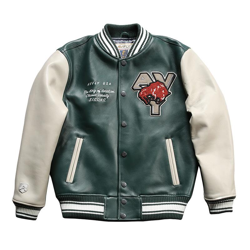 AVFLY leather baseball jersey men's stand-up collar towel embroidery leisure sports plus size cowhide leather jacket