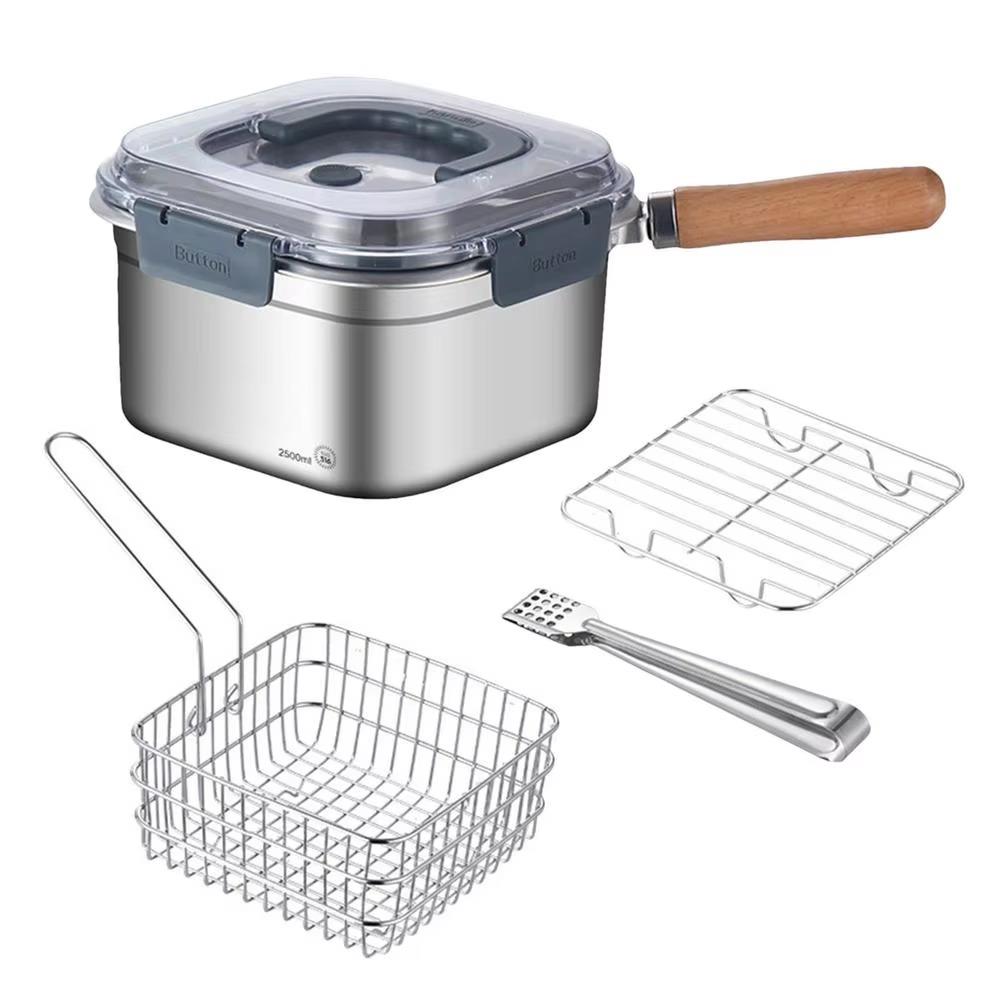 Stainless Steel Fryer Portable Outdoor Cooking Pot with Basket Lid Handle and Oil Filter Screen Multi-function Food Container