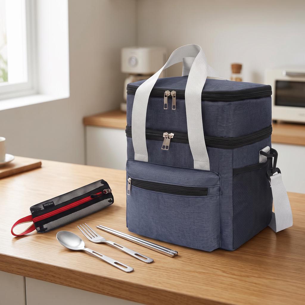 Waterproof Lunch Box Tote Double Layer Cool Bag Shoulder Strap Insulated Women Pack Stainless Steel