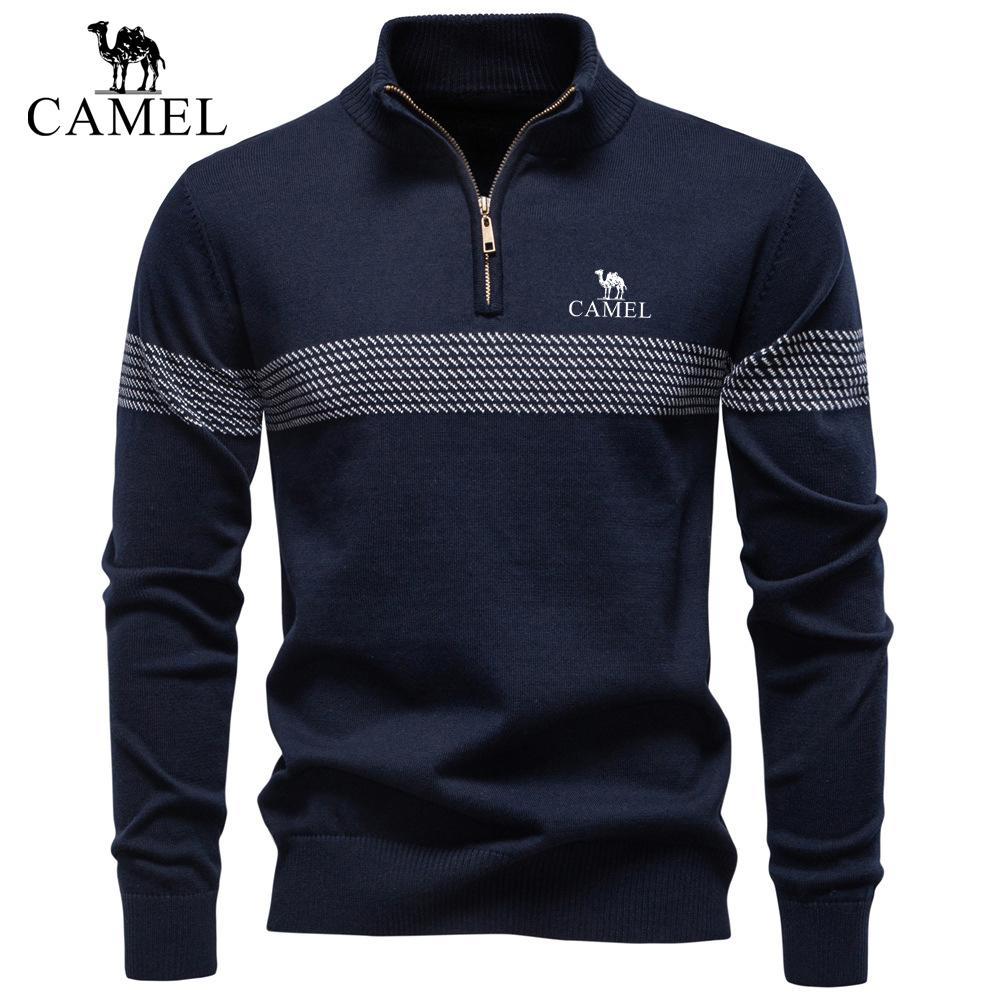 CAMEL 2026 Autumn and Winter Embroidery New Business Stand Collar Men s Pure Cotton Sweater, High-quality Casual Half Zipper Men s Top S