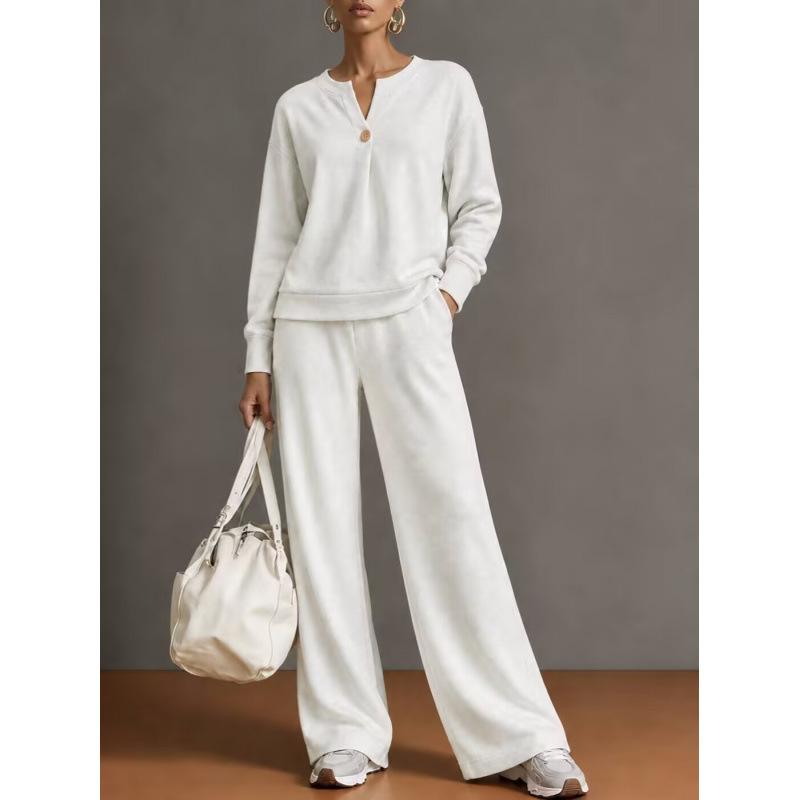 Women's 2 Piece Outfit Notch V Neck Henley Top and Wide Leg Pants Set Casual Solid Color Loungewear