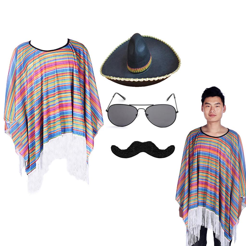 Mexicans Party Outfit for Kids Adult with Poncho Cape Sombrero Hat Sunglasses Maracas and Mustache for Interactive Fun