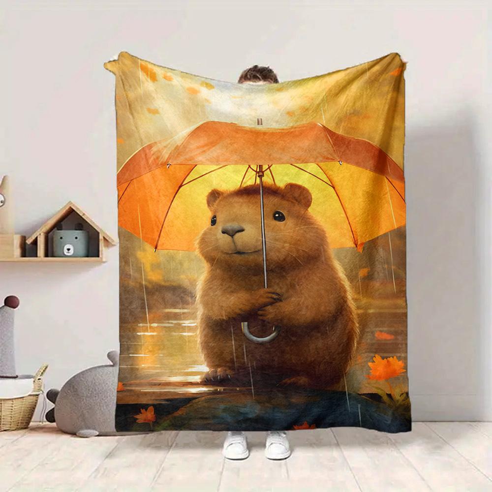 1pc Autumn Rain, Capybara Blanket, Lightweight Flannel Fleece with Digital Printing, Soft Warm for Sofa, Travel, Camping, Office, Couch, Chair, and Be