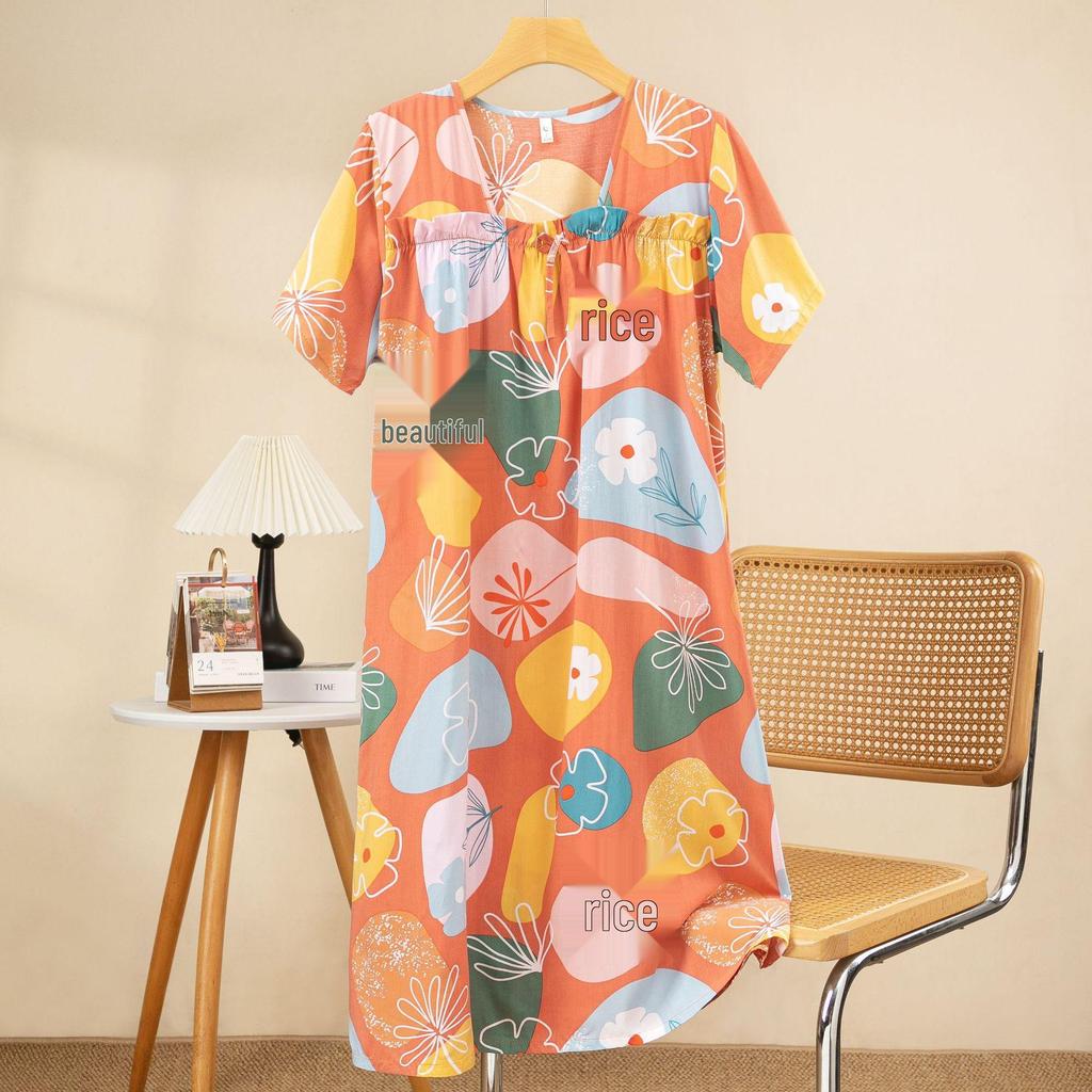 Plus Size Cotton-Silk Cartoon Floral Pajama Dress: Lightweight, Loose-Fit, Summer Homewear