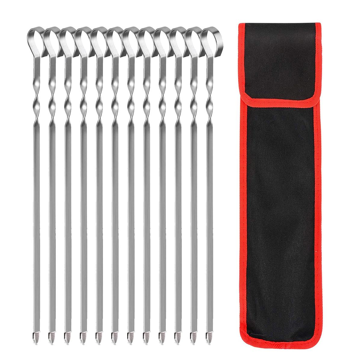 

12Pcs BBQ Skewers 40Cm Stainless Steel Flat Forks Reusable Grill Roast Stick With Bag For BBQ Outdoor Gadgets Kitchen Utensil