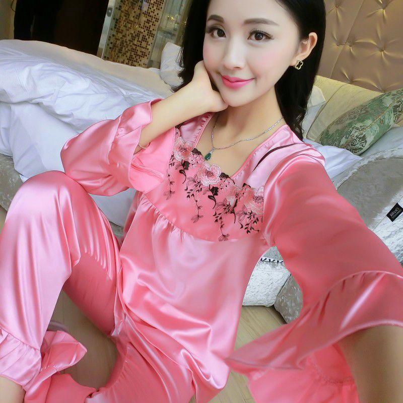Pajama Women's Summer Ice Silk Long Sleeved Pants Two-piece Set Loose Oversized Lace Sexy Home Clothing Autumn
