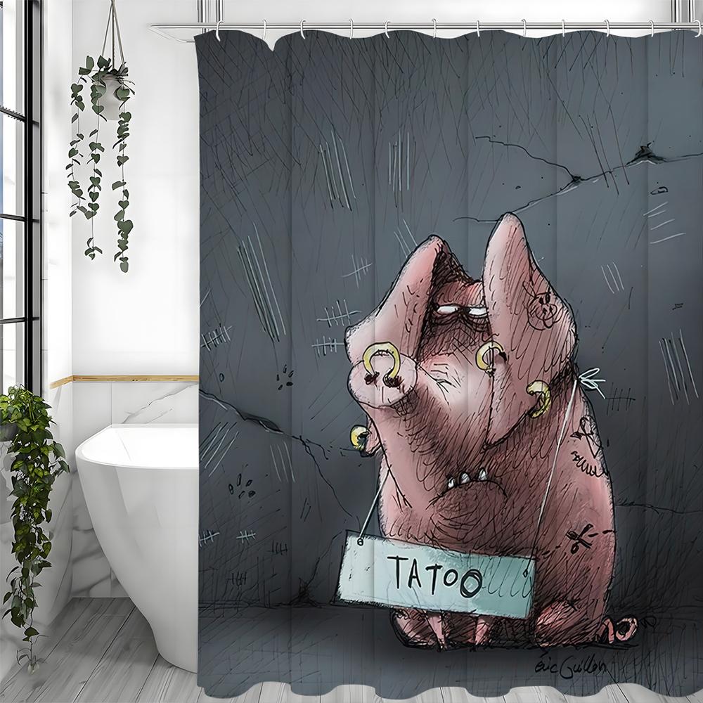Zasłona prysznicowa Drop Scribble Pig, Dekoracyjna zasłona prysznicowa do łazienki, Wodoodporna zasłona prysznicowa z haczykami