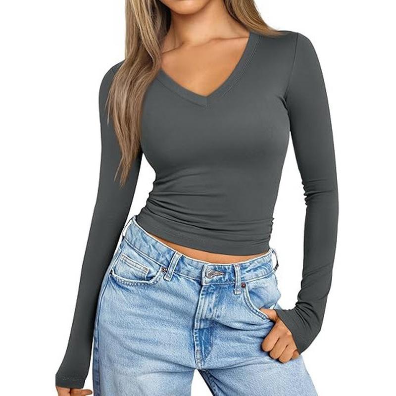 Women's V Neck Top Long Sleeve Slim Fit Basic Casual T Shirt