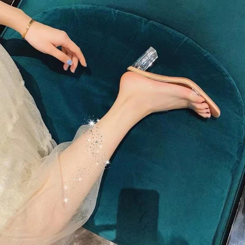 New Summer Women Pumps Sandals PVC Jelly Slippers Open Toe High Heels Women Transparent Perspex Slippers Heel Clear Sandals