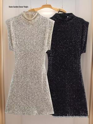 European and American Women's Sleeveless Sequin Dress with Shoulder Pads