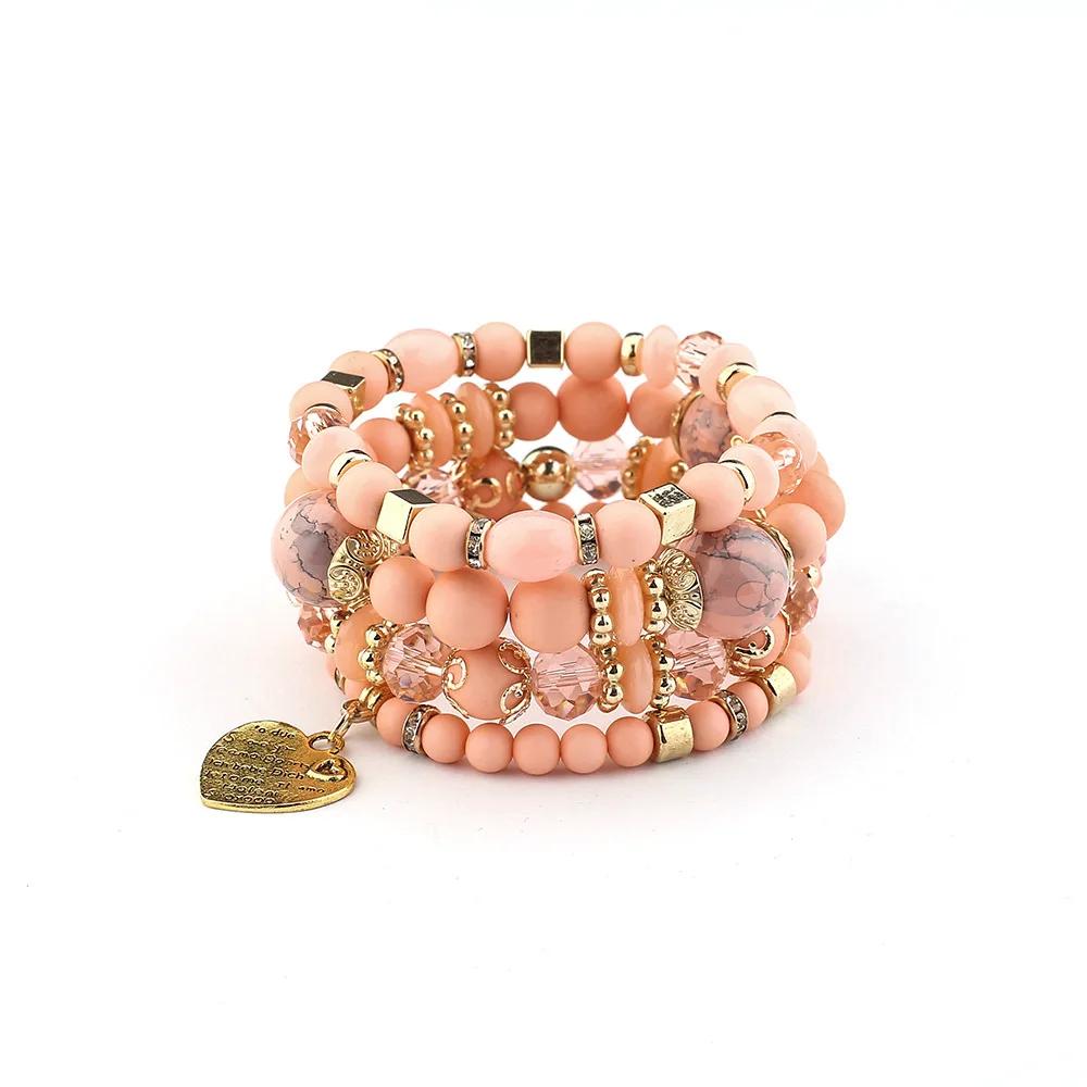 4Pcs Boho Crystal Beads Chain Bracelet Set For Women Vintage Heart Charm Elastic Bangle Men Fashion Party Jewelry