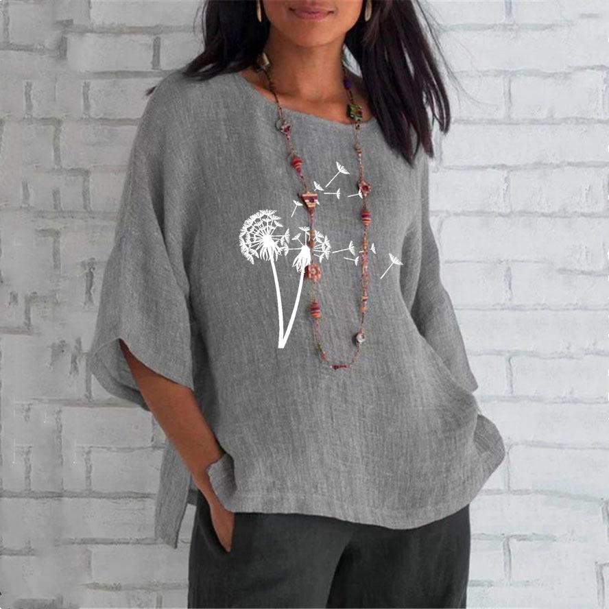 Personalized Dandelion Printed Seven Sleeve Round Neck Sheep Linen Shirt Women's Tops Plus Size
