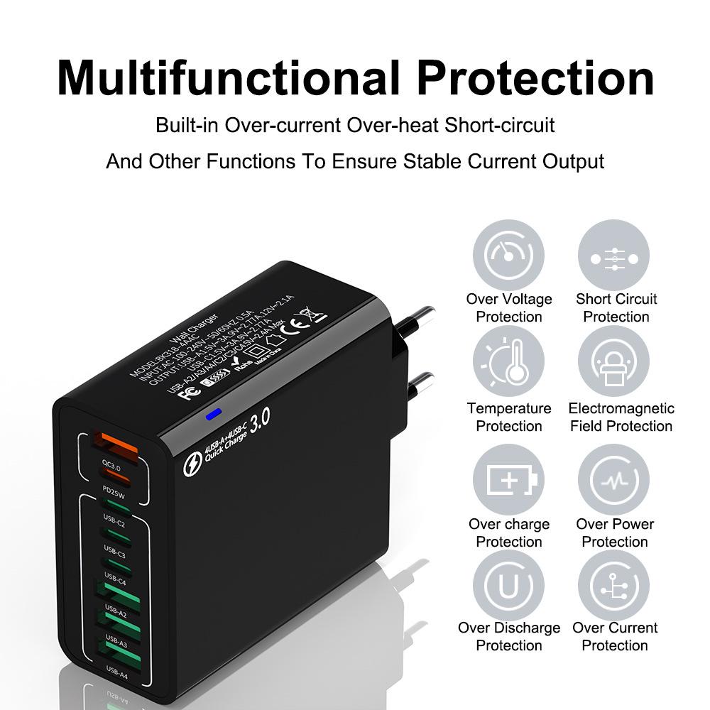 Fast 8-Port Charger: 4 USB, 4 PD, 55W, QC3.0 – Compatible with European, American, Korean Standards