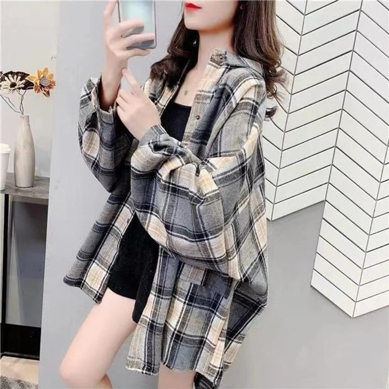 Women's Oversized Mid-Length Plaid Wool Shirt Jacket - Hong Kong Style, Autumn/Spring Trend