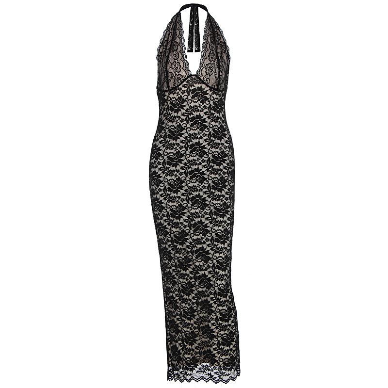 European and American style autumn new fashion women's clothing lace neck sexy deep V slim and thin dress
