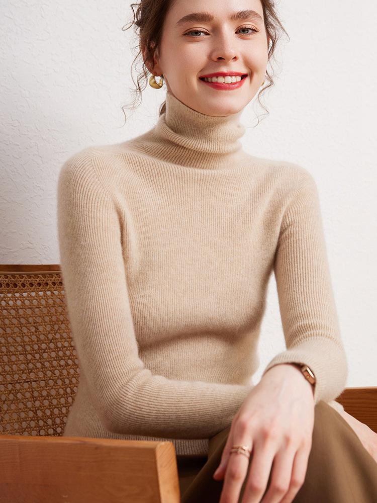 Women's 100% Cashmere High Neck Slimming Pullover Sweater - Solid Color, Warm, Versatile Knit Base Layer