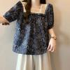 Retro Floral Lace Square Collar Short-sleeved Shirt for Women's Summer Doll Shirt Top