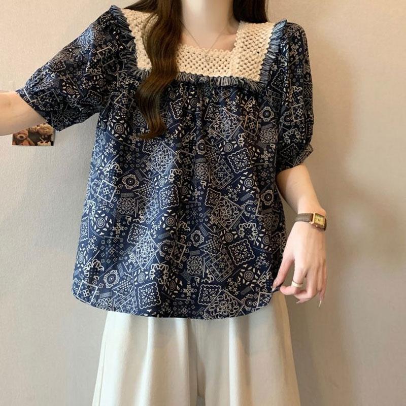 Retro Floral Lace Square Collar Short-sleeved Shirt for Women's Summer Doll Shirt Top