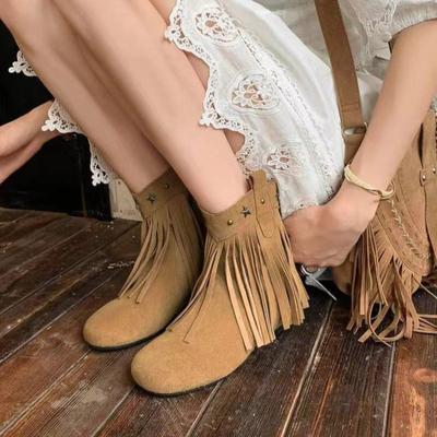 2024 Fashion Casual Rivets Mid Calf Flats Retro Fringe Round Toe Boots Flock Women Tassels Short Boots Plus Size
