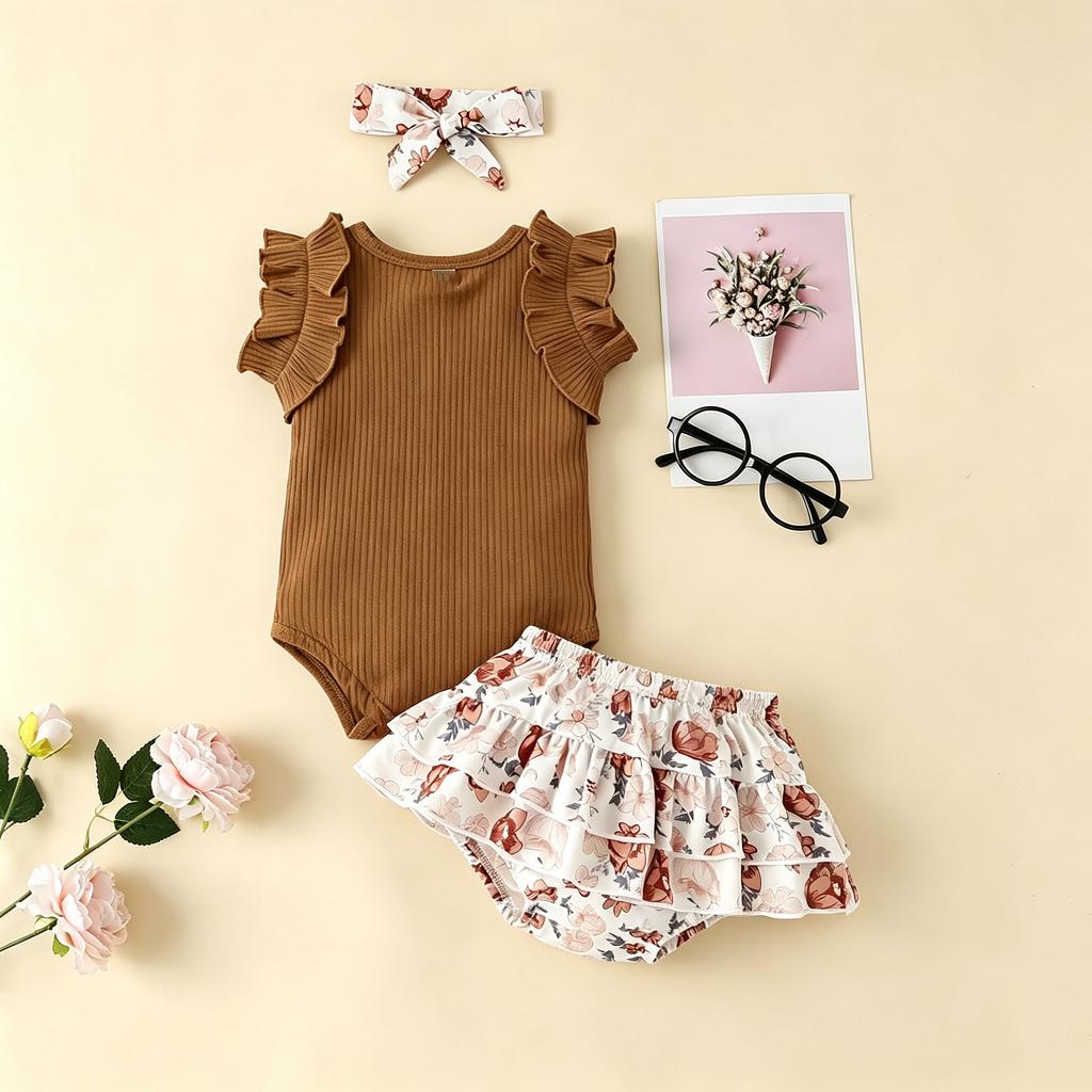 Baby Girls Sleeveless Ruffle Romper Floral Printed Skirt Set with Headband Cotton Soft Fabric Infant Toddler Outfit