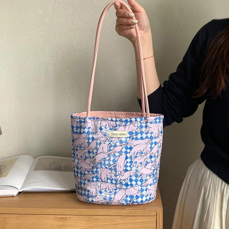 Sleepy Powder Cat Floral Shoulder Tote Bag for Women