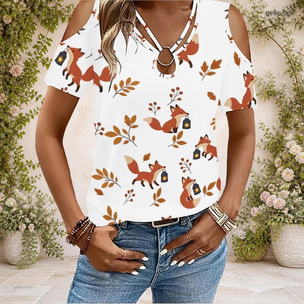 Women Plus Size Keyhole Ring Neck Cold Shoulder Short Sleeve Cartoon Bunny Print White T Shirt
