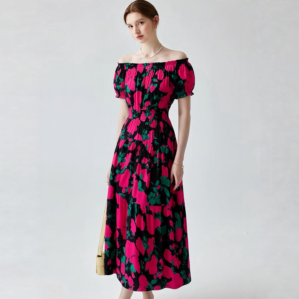 Bohemian Cotton-Silk Floral Printted Off-the-Shoulder French-Style Summer Dress for Women Ethnic-Style Elastic Waistband Pleayed Long Dress