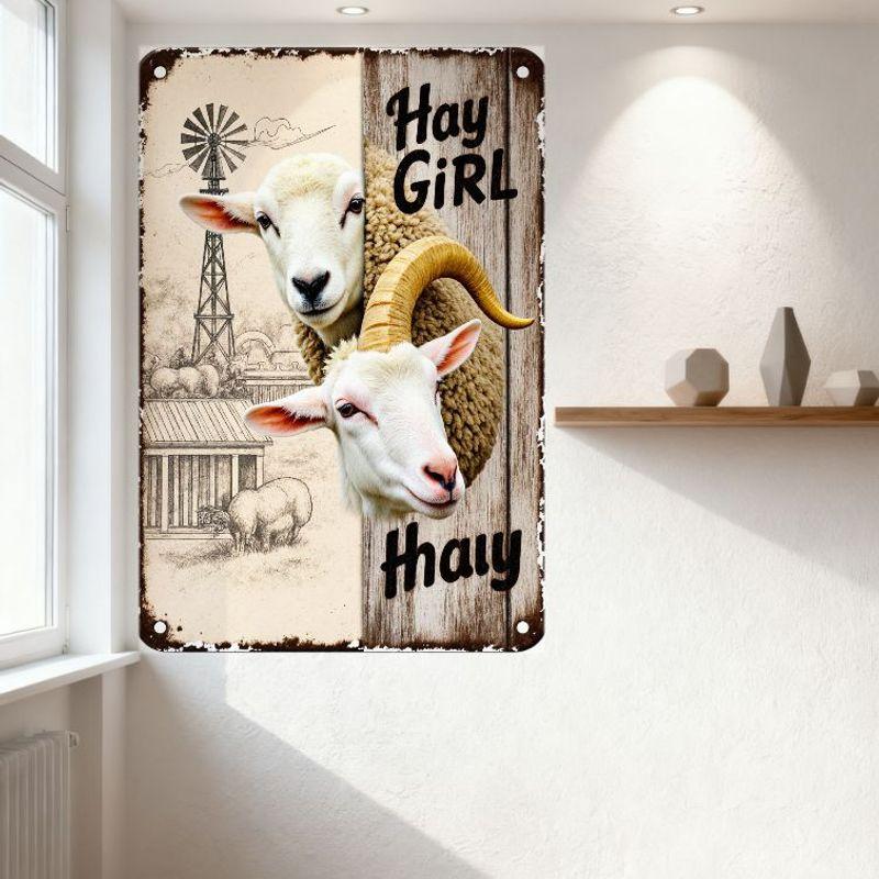 Rustic Vintage Farm Metal Tin Sign 'Hay Girl Hay' with Windmill, Barn, Sheep Illustrations Distressed Aged Wall Decor for Home,