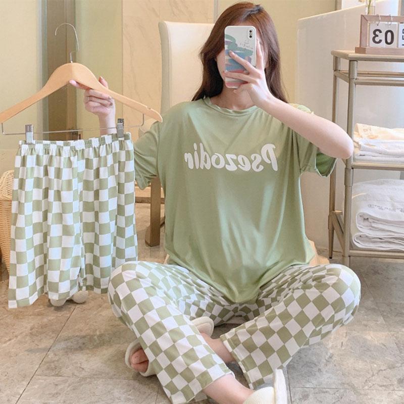 3PCS/Set Sexy Nightwear Women Letters Plaid Print Silk Pajamas Girl Sleepwear Round Neck Loungewear Ladies Casual Soft Home Wear