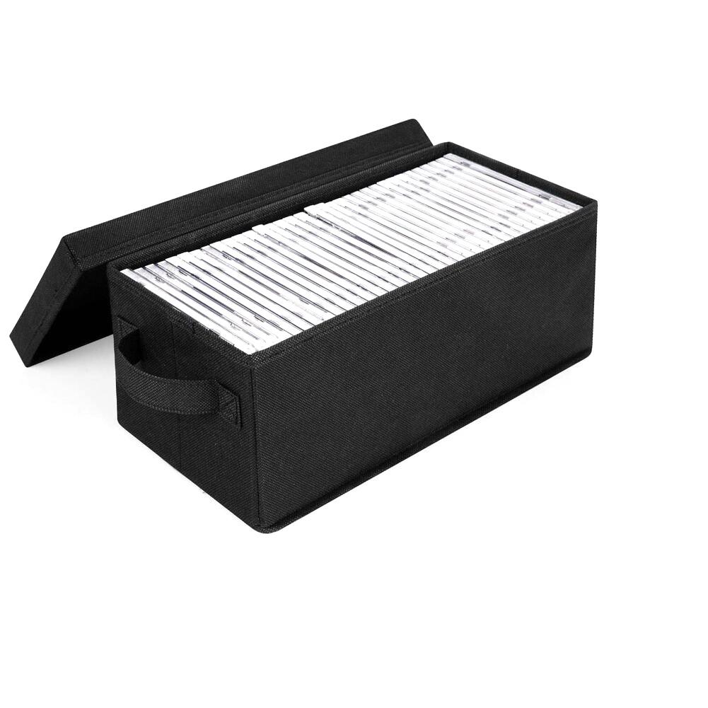 Schwarze Oxford-Stoff-CD-Aufbewahrungsbox für bis zu 35 vollständige Jewel Cases mit stabilen Griffen für einfachen Transport und stapelbares Design