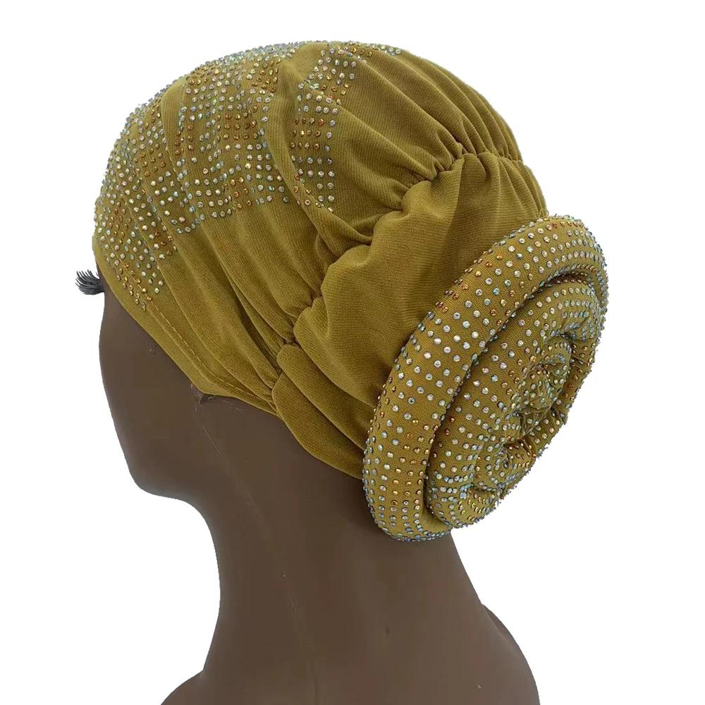 New Women Full Diamonds Donut Turban Cap Elastic Muslim Hijab Bonnet Hat Ladies Headband Turbans African India Caps