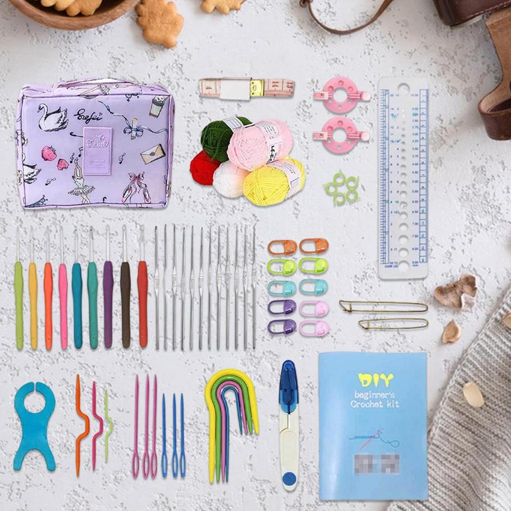 63-teiliges Häkel-Materialset für Anfänger mit Anleitung Tragbare Handstrick-Kunstwerkzeuge Häkel-DIY-Strickset