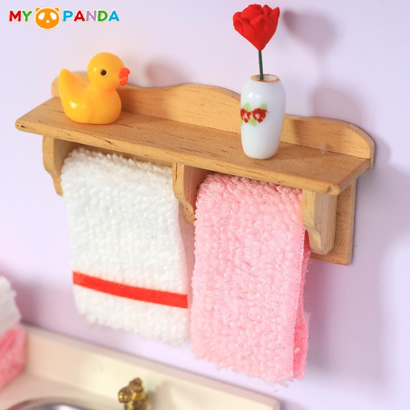 1 Set 1/12 Dollhouse Towel Rack Doll Accessories Scene Model Toys Mini Cosmetics Shelf Miniature Wooden Furniture Bathroom Kit