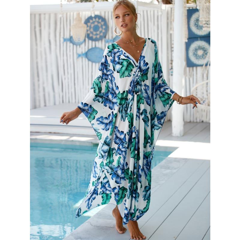 Damen Kleid Bedrucktes Strandkleid Lockeres Übergröße Urlaubs-Bikini-Oberhemd