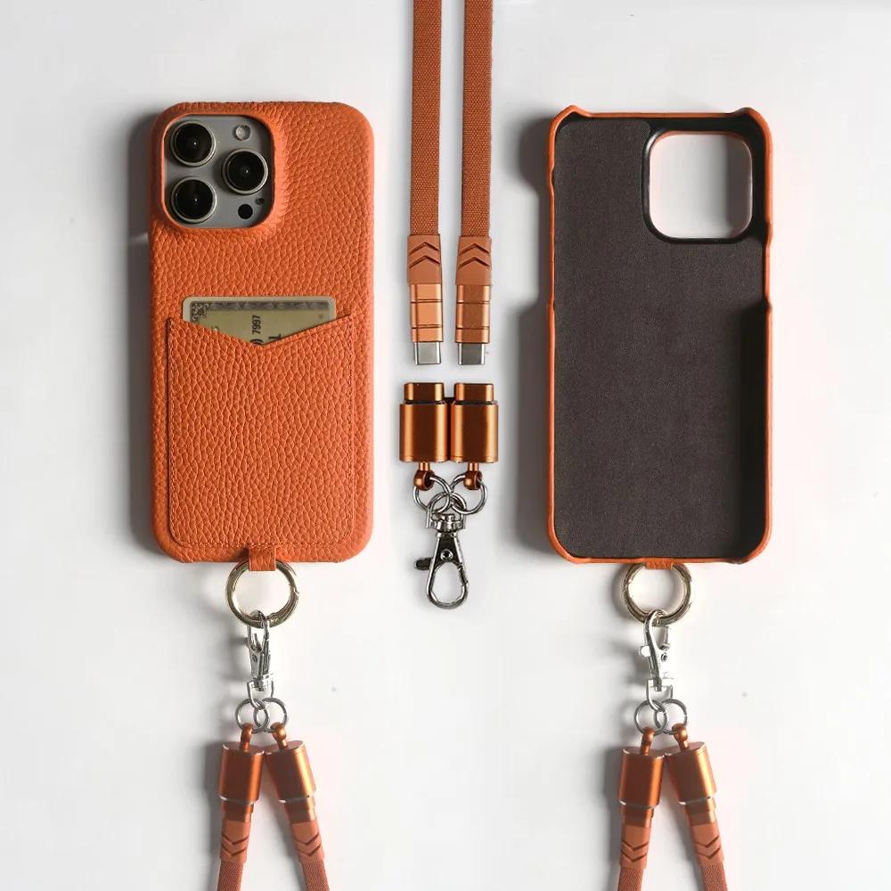 Multifunktionales Ladekabel-Lanyard Echtes Lederhülle Für iPhone 16 Pro Max 15Pro 11 13 12 14Pro Umhängeband Kartenfach