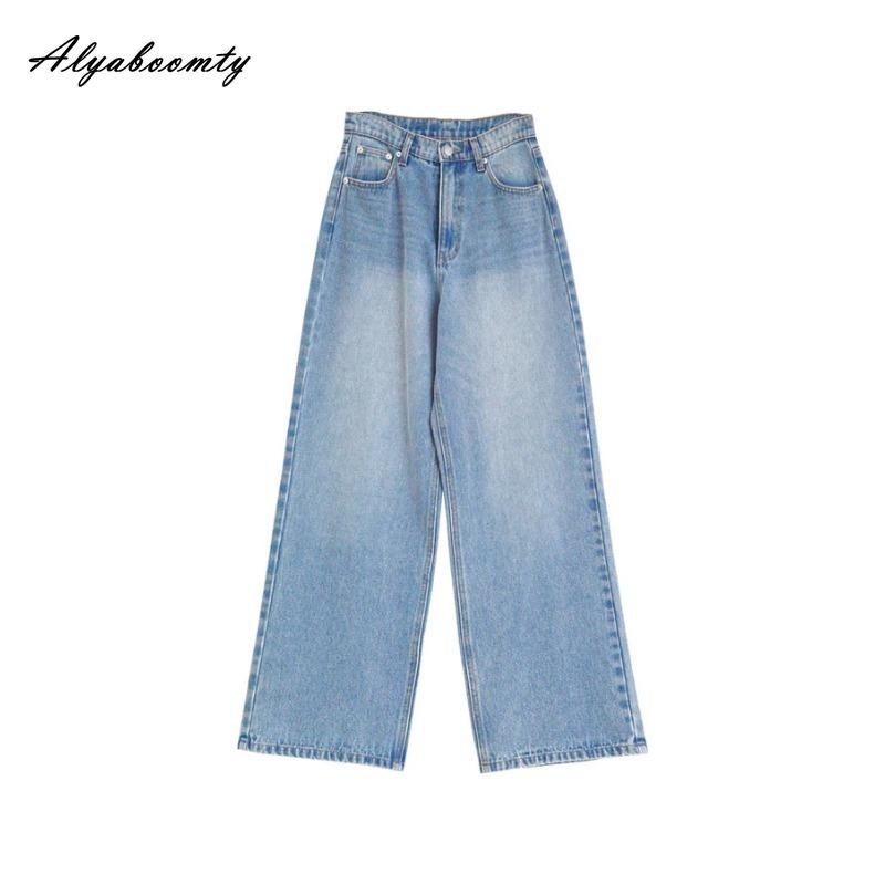 

Корейская мода летние женские однотонные прямые джинсы с высокой талией серо-синие повседневные свободные джинсовые брюки винтажные элегантные женские джинсы S светло-синий