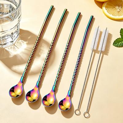 6Pcs Reusable Stainless Steel Spoon Straws, Long Handle Drinking Spoon Straws for Ice Cream Sundaes, Coffee, Cold Drink, Iced Tea