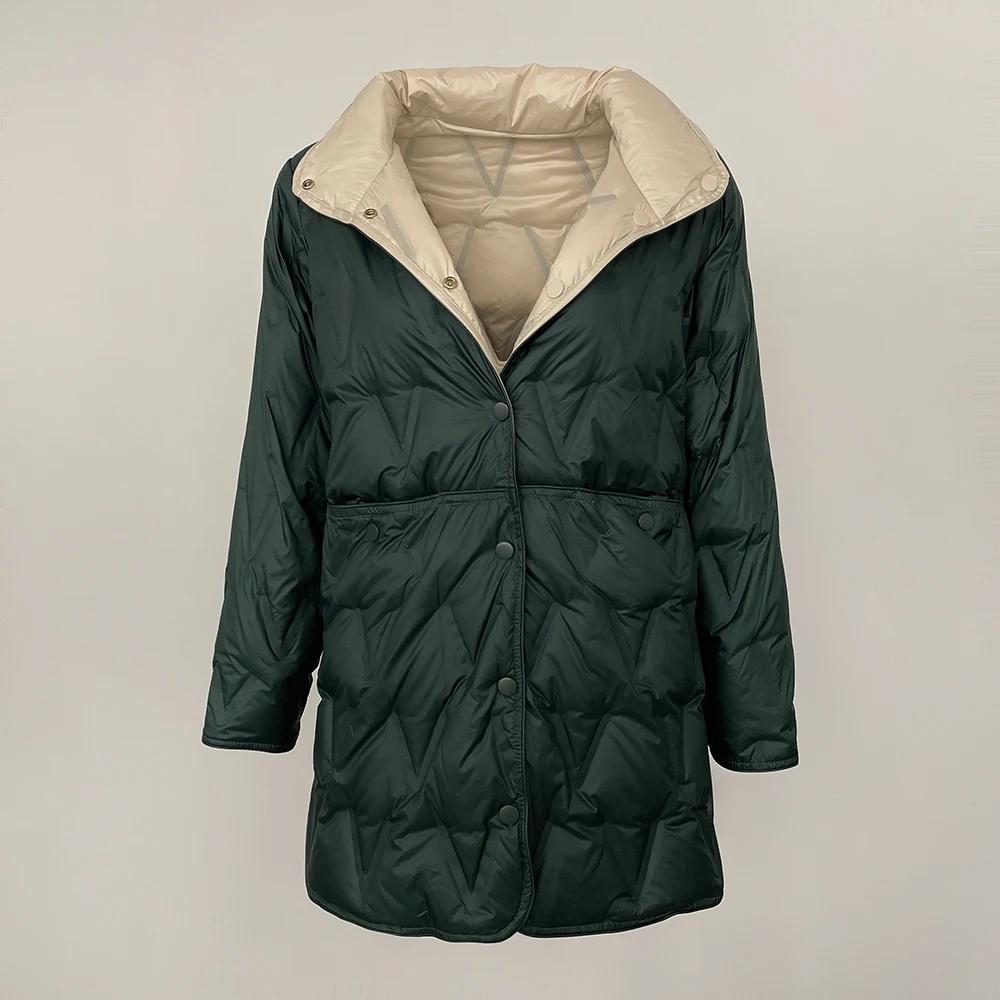 

OFTBUY Осень-зима средней длины легкие пуховые пальто женские с воротником-стойкой двусторонняя куртка 90% белый утиный пух куртка свободная повседневная XXXL зелёный