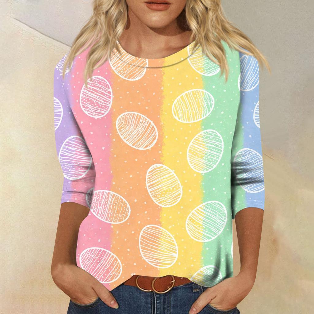 Women's Fashion Casual Sleeve Easter Elements Print Round Neck Top
