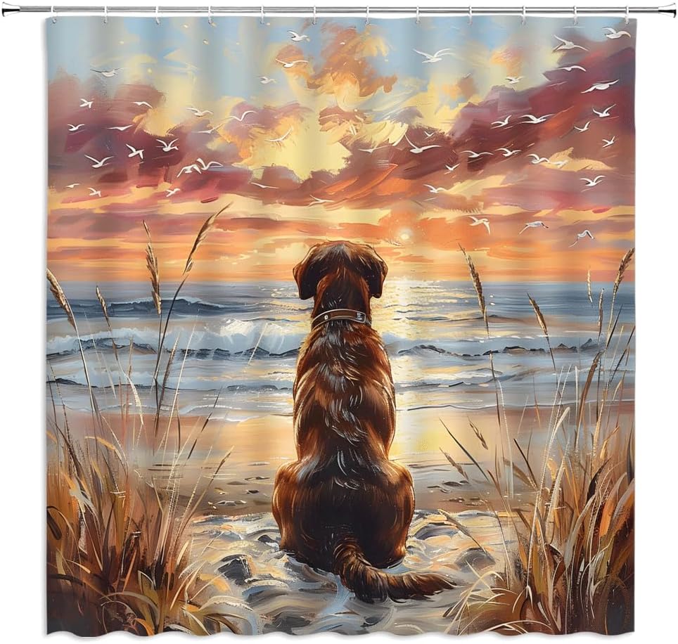 

Funny Dog Beach Shower Curtain Cute Animal Ocean Sunset Sunrise Seagull Weeds Sea Waves Watercolor Lovely Pet Bathroom Decor W60H190(CM)-1 Pcs