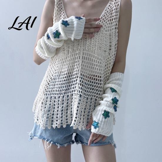 Dunkle Gothic Mode Handschuhe Sternenstrick Armstulpen Fingerlos für Damen Mädchen Lolita Alltag Ärmel Stil Gestreift Häkeln Cosplay Kostüm