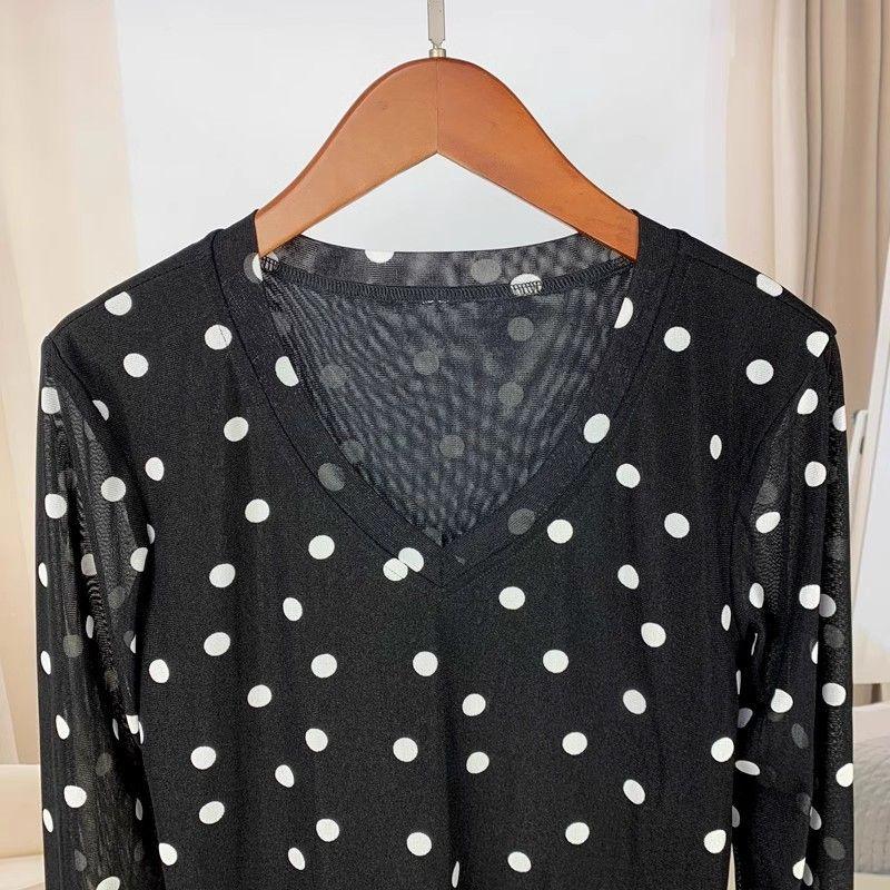 New V-neck White Polka-dot Double Layer Mesh Long-sleeved T-shirt Fashionable Mother's Slim Thin Top